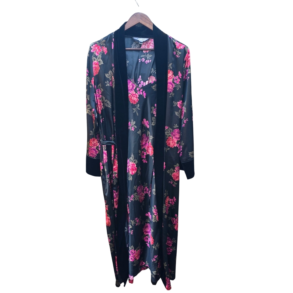 Morgan Taylor Black and Pink Floral Women's Robe Set L/XL - Picture 3 of 14